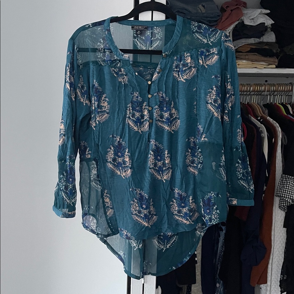 Lucky Brand Teal Sheer Floral Top